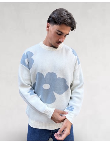 Pull blanc col rond à motif grandes fleurs