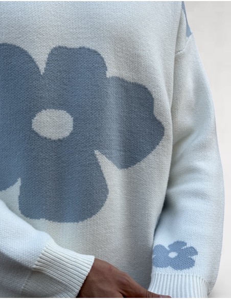 Pull blanc col rond à motif grandes fleurs