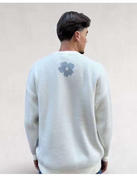 Pull blanc col rond à motif grandes fleurs
