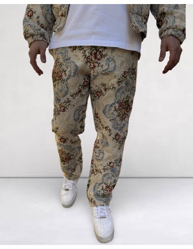 Pantalon effet jacquard fleurie blanc et beige