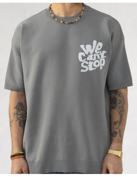 Pull léger manche courte "WE CAN'T STOP" gris