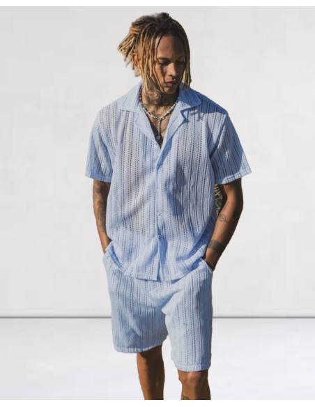 Ensemble short chemisette à crochet bleu ciel