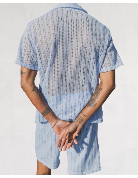 Ensemble short chemisette à crochet bleu ciel