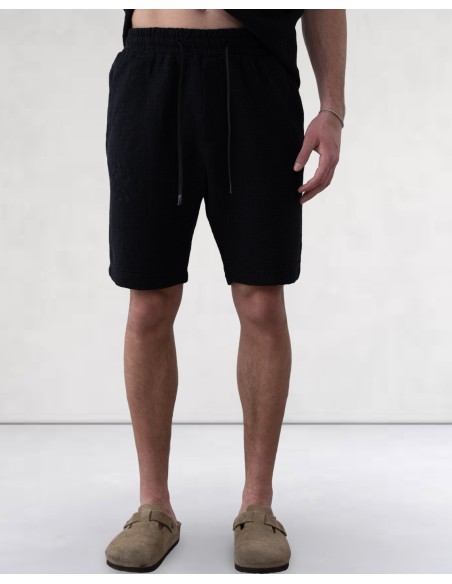 Short en gaz de coton fleuri noir