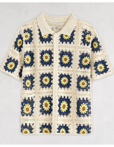 Chemisette crochet grosse maille "flowers" marine et jaune