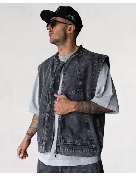 Veste sans manche Denim Streetwear Gris foncé