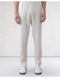 Pantalon fin en toile rayée beige