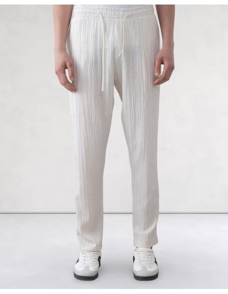 Pantalon fin en toile rayée beige