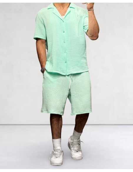 Ensemble vert d'eau gaz de coton Short et Chemisette