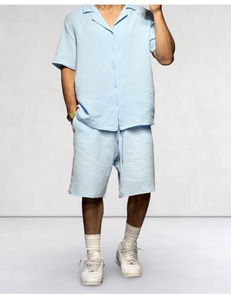 Ensemble bleu ciel gaz de coton Short et Chemisette