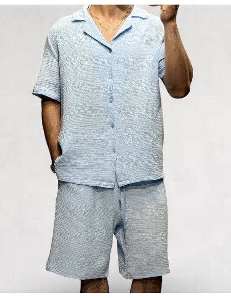 Ensemble bleu ciel gaz de coton Short et Chemisette