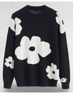 Pull noir col rond à motif grandes fleurs