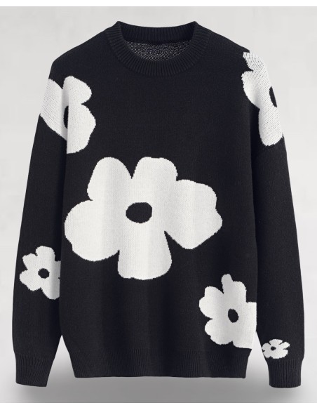 Pull noir col rond à motif grandes fleurs