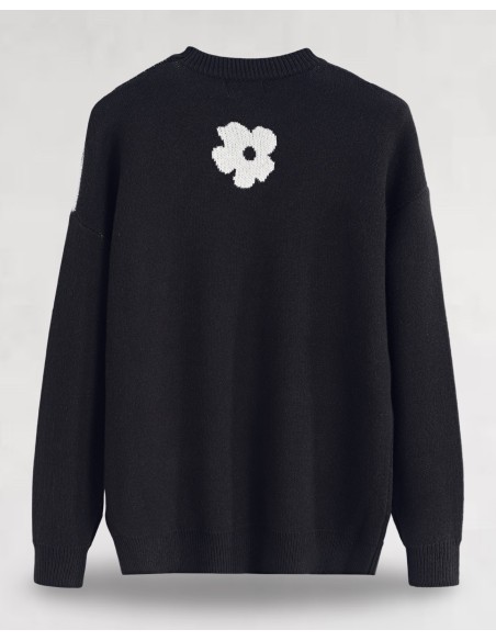 Pull noir à motif fleurs