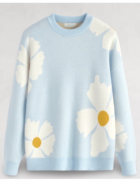 Pull en maille "marguerite" bleu ciel