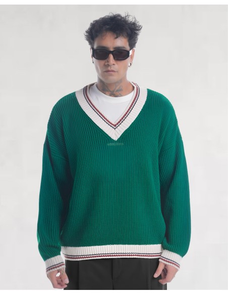 Pull col V en grosse maille vert