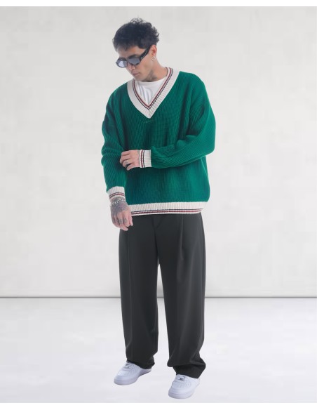 Pull col V en grosse maille vert