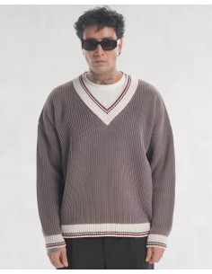 Pull col V en grosse maille marron 2