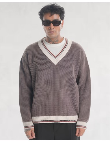 Pull col V en grosse maille marron