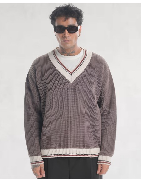 Pull col V en grosse maille marron