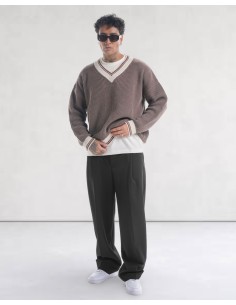 Pull col V en grosse maille marron