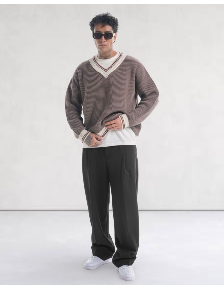 Pull col V en grosse maille marron