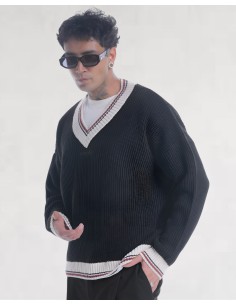 Pull col V en grosse maille noir 2