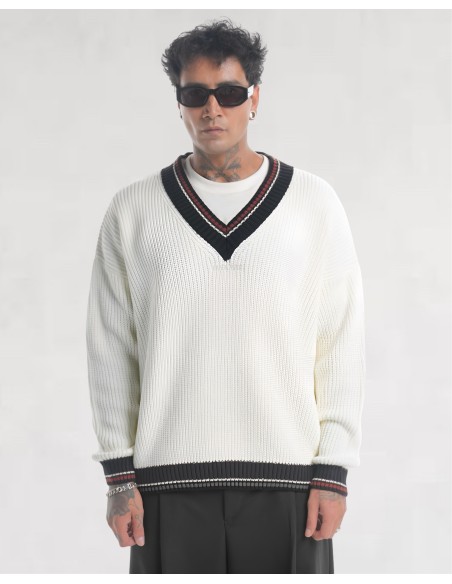 Pull col V en grosse maille blanc