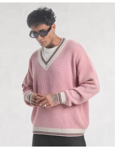 Pull col V en grosse maille rose