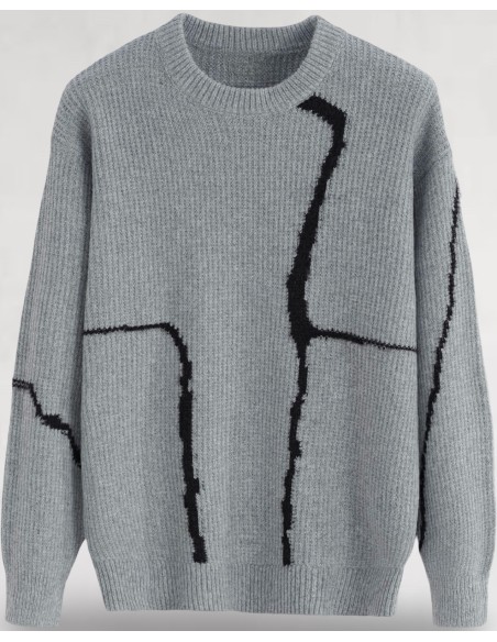 Pull gris en maille lignes artistique