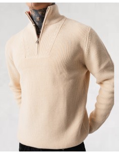 Pull zip vintage col montant beige