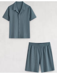 ENSEMBLE GAUFFRÉ BLEU CHEMISETTE ET SHORT